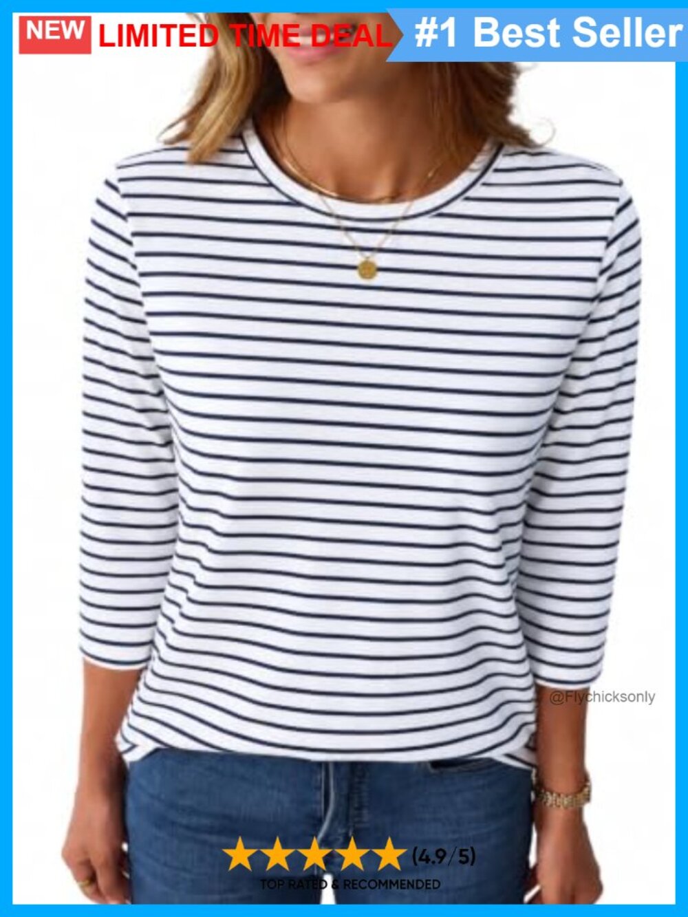 Womens 3/4 Sleeve Striped Boat Neck Cotton Top